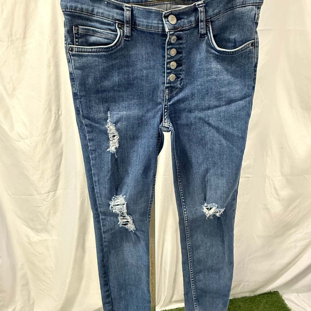 Size 27 Free People Distressed High Waist Button Fly Skinny Jeans, Light Wash